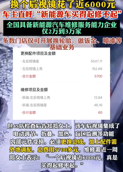 换个后视镜花了近6000元！新能源车主直呼：电车买得起修不起