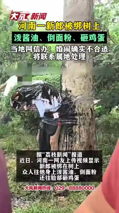 河南一新郎被绑树上 泼酱油、倒面粉、砸鸡蛋 当地网信办：婚闹确实不合适 将联系属地处理
