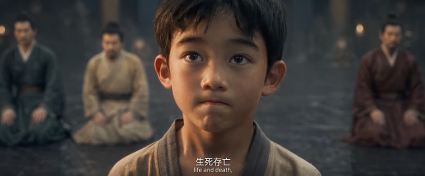 影片中出现大量类似的抿嘴表情。(图/《三星堆:未来往事》预告片截图)