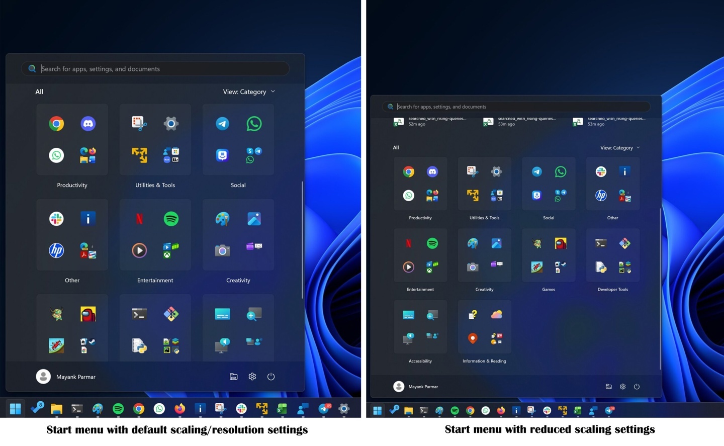 Start menu size in Windows 11