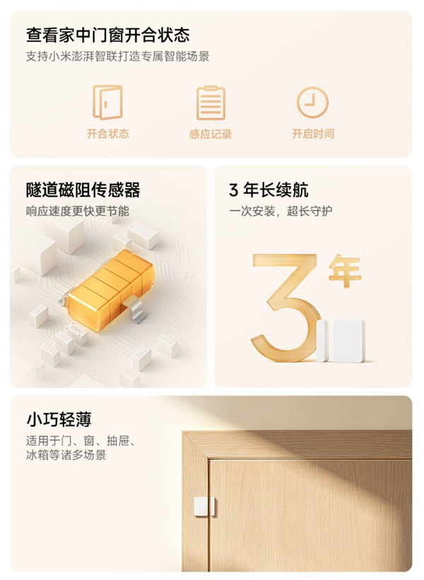 49元！小米门窗传感器3发布：升级隧道磁阻传感器、3年长续航