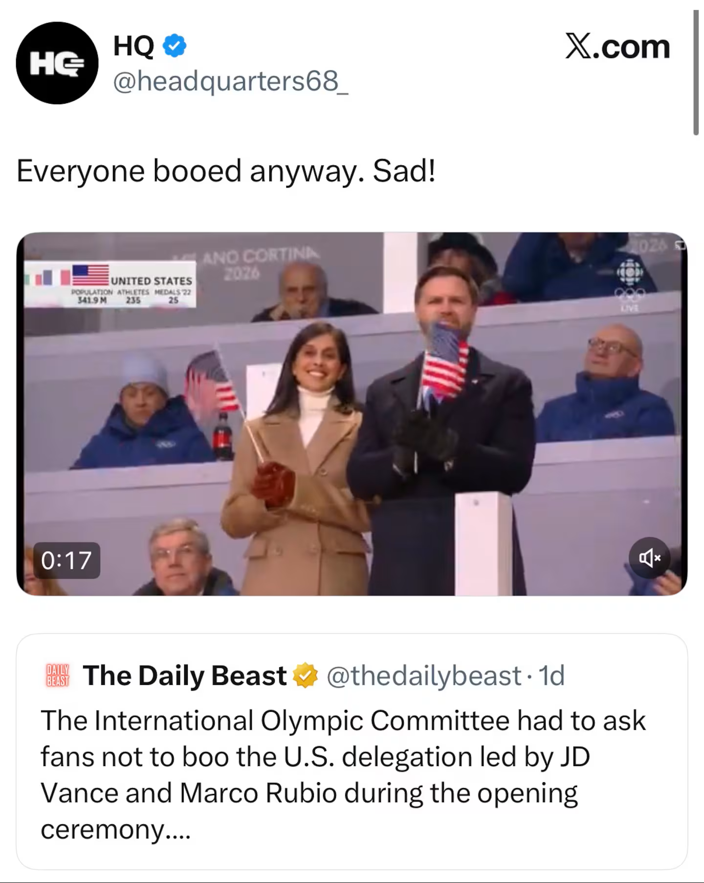 “哈里斯总部”转发万斯被嘘的视频,写道:真可悲