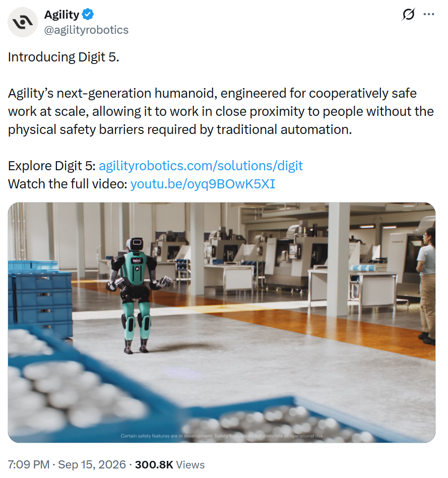 Agility发布Digit 5人形机器人:负载22.7kg,续航90分钟