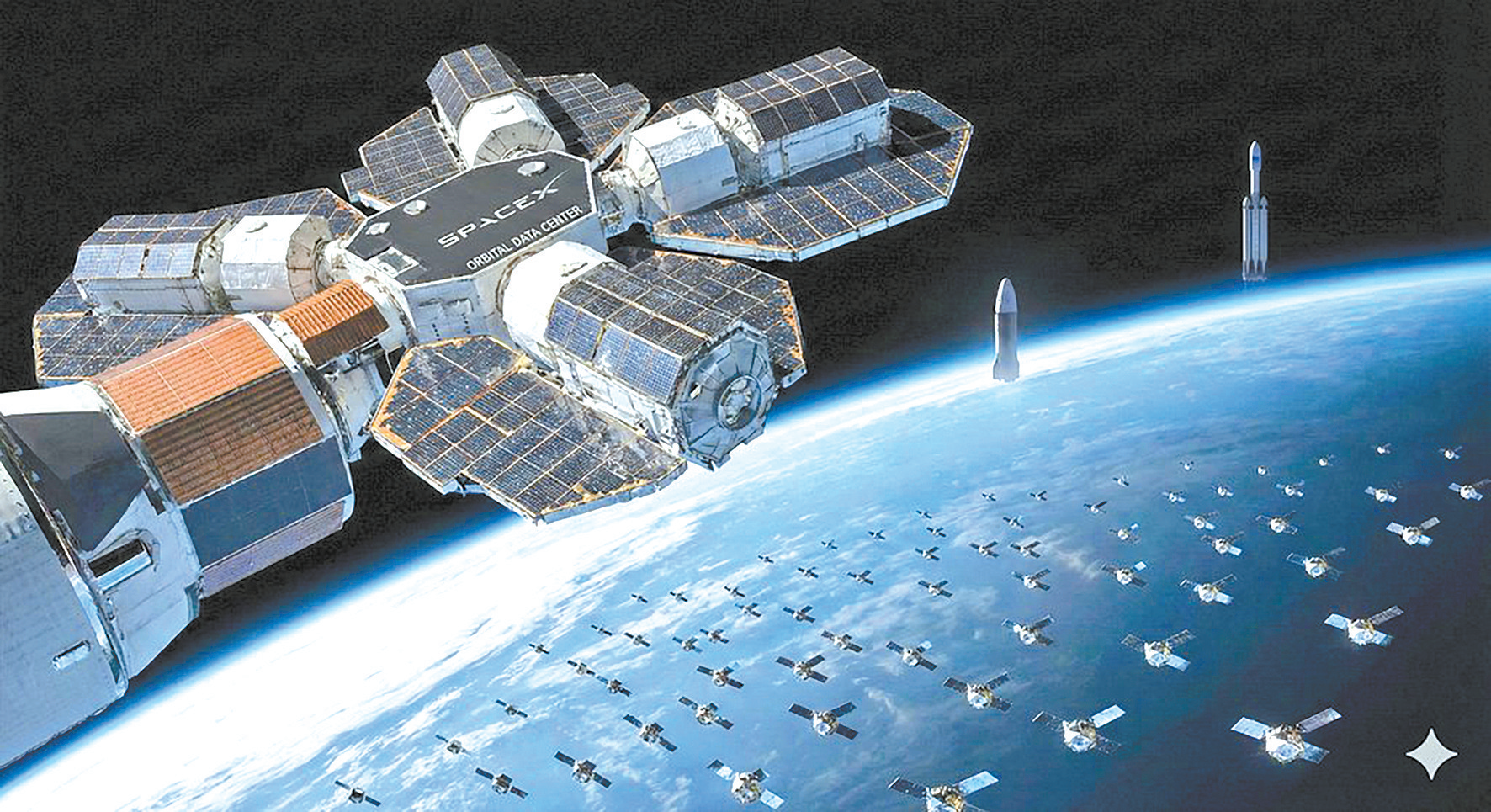 由大量卫星组成的“轨道数据中心”概念图