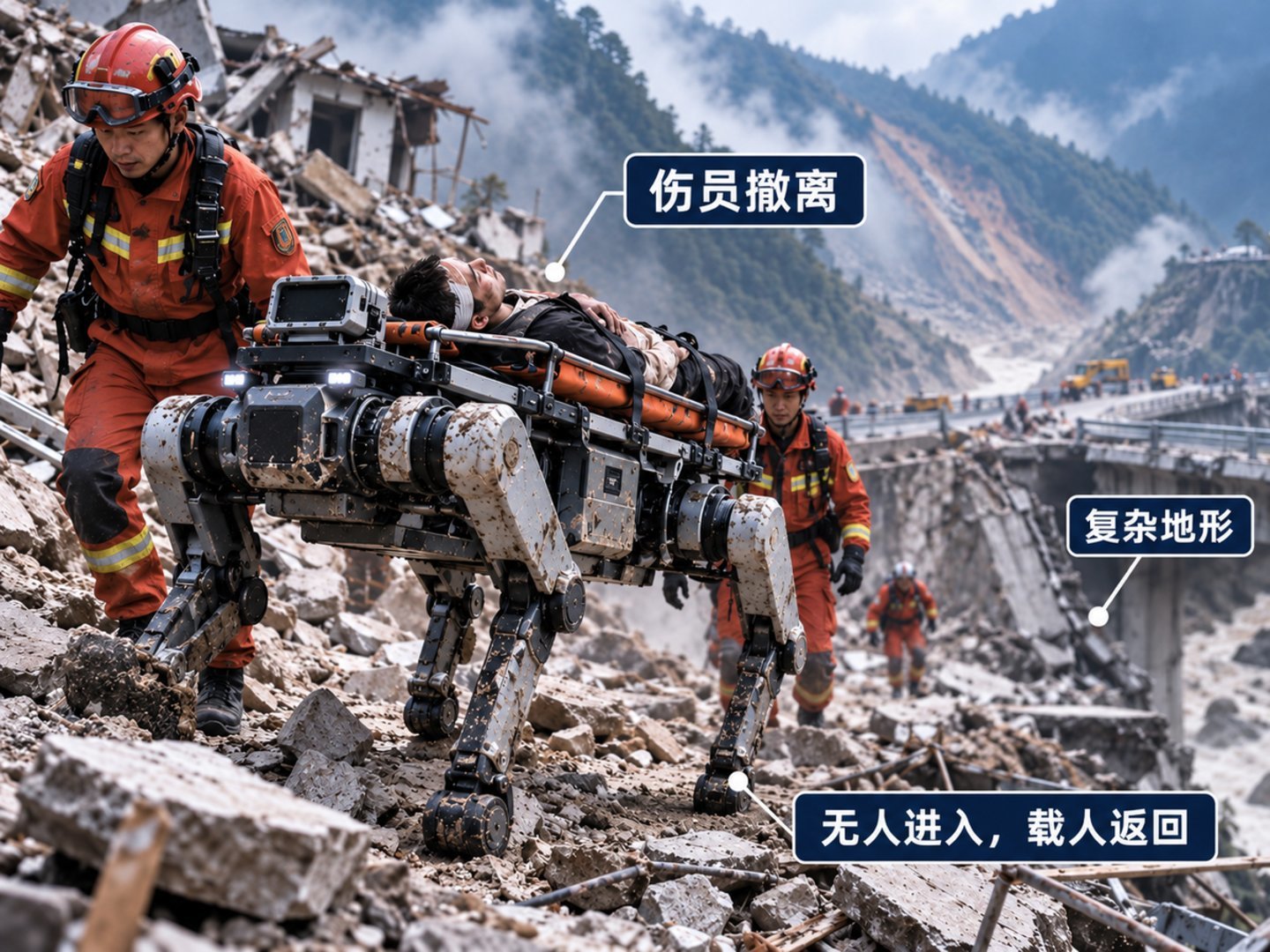 图5|复杂地形伤员转运 AI生成示意图