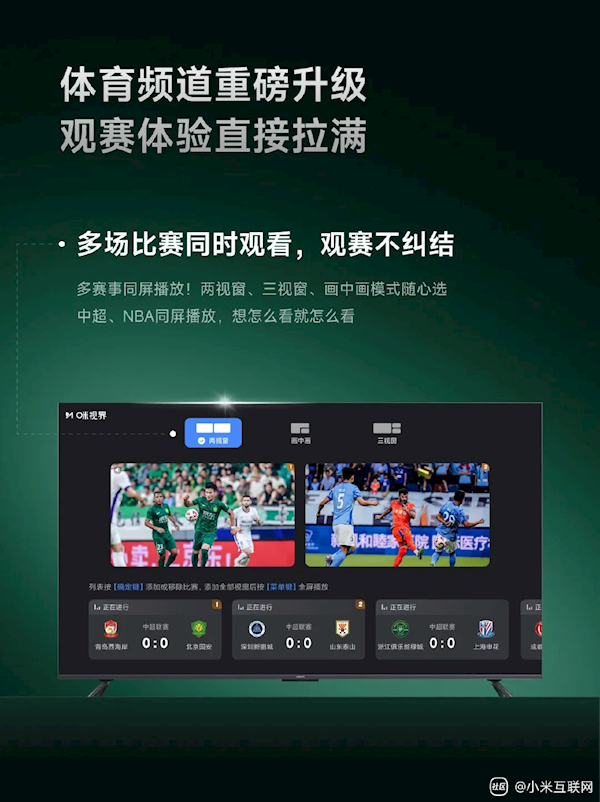 小米电视桌面4.0重磅升级来了!流畅度大提升 多赛事同屏播放