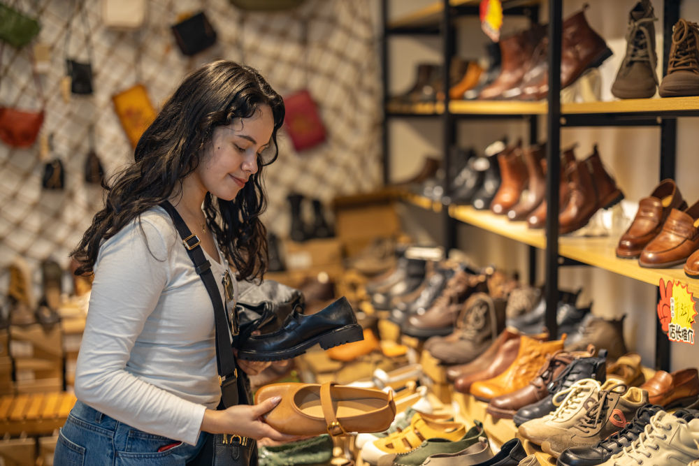 ↑ 4月22日，在重庆市渝中区新重庆国际小商品批发中心，来自墨西哥的游客在选购女鞋。