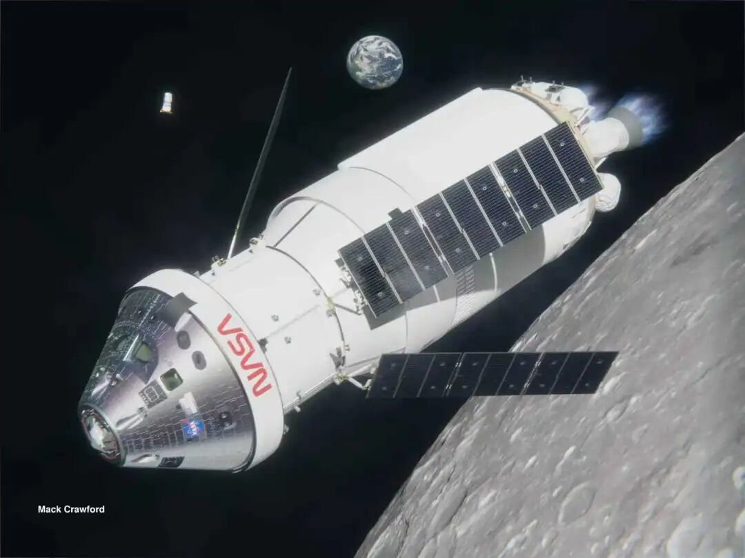 半人马Ⅴ上面级和猎户座飞船组合体飞过月面的CG渲染图，这样的场面什么时候能够成真，还说不好 | Mack Crawford