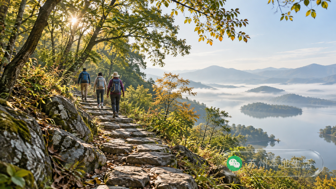 秋日清晨,徒步者沿江南山林石径登高,远处可见太湖与层叠山峦。