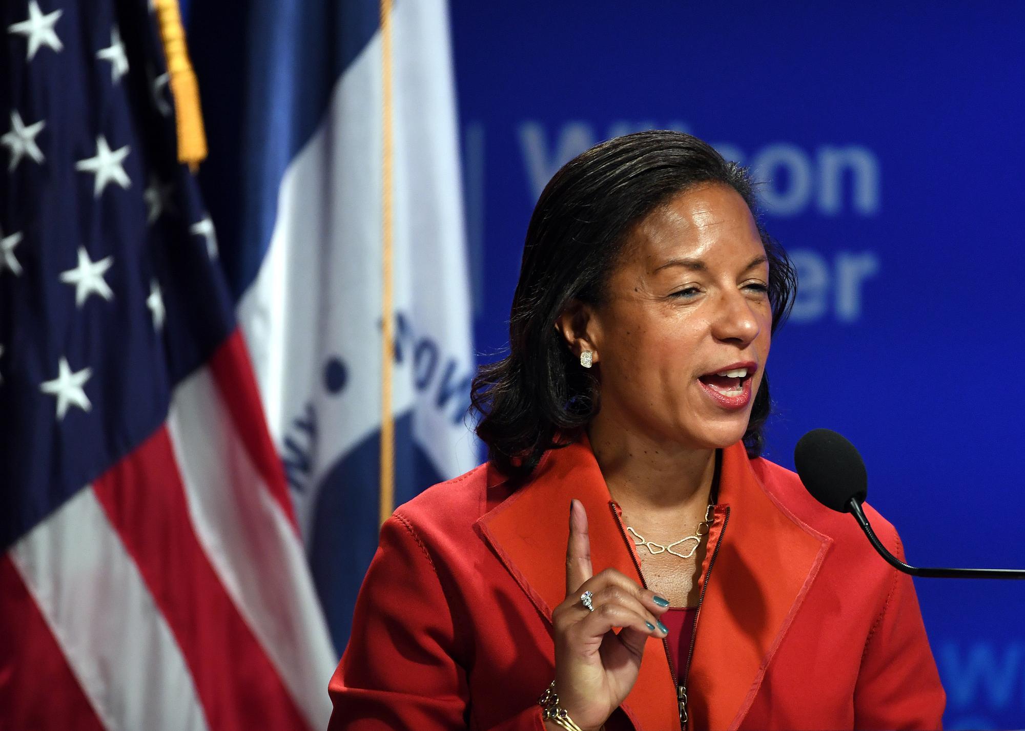 2016年10月14日,在美国华盛顿的威尔逊中心,时任美国总统国家安全事务助理苏珊·赖斯发表讲话。新华社记者殷博古摄