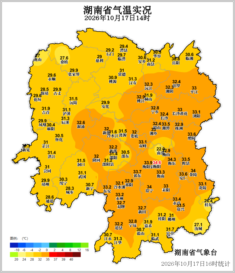 今日14时省内大部地区气温在30℃左右。 图片来源：湖南省气象台