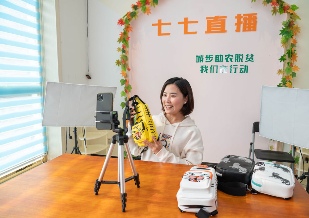 2020年10月13日，在湖南省邵阳市城步县湖南七七科技股份有限公司，残疾青年杨淑亭通过网络销售背包。1991年出生的苗族姑娘杨淑亭因车祸胸部以下高位截瘫，通过不断学习摸索，开办网店并注册了自己的企业，与周边贫困家庭签订合作协议，制作售卖具有民族特色的背包和仿真花卉，带动贫困人员及残疾人就业。