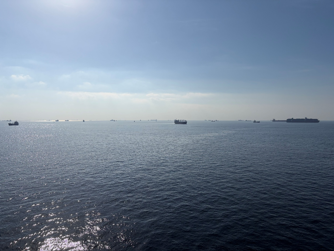 当地时辰4月3日上昼8时傍边，刘轶文拍摄的阿联酋豪尔费坎口岸的内锚地的画面。其时，海上停着大齐船只。