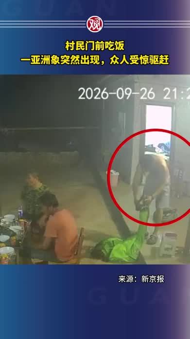 村民门前吃饭，一亚洲象突然出现，众人受惊驱赶