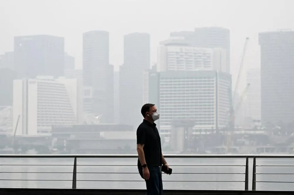10月12日，新加坡，一名戴着口罩的行人走在滨海湾的林荫道上，背景中的建筑被烟霾笼罩。（图源：法新社）