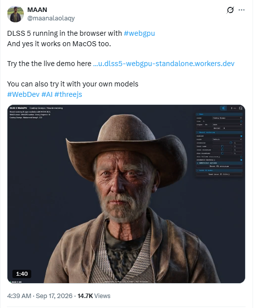 拒绝原生束缚!开发者在浏览器里跑通DLSS 5:支持自定义3D模型