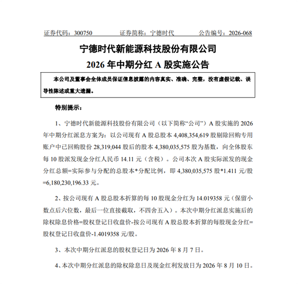 半年狂赚432.8亿！宁德时 代年中分红 豪掷61.8亿回馈股东