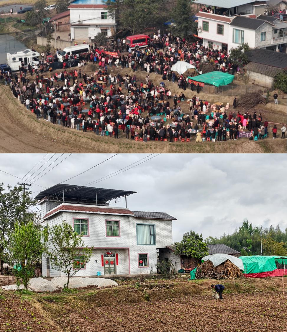 上图:1月呆呆家举办刨猪宴时的景象 合川文旅微信公众号 图 下图:3月24日记者到访呆呆家时的场景 澎湃新闻记者 杨喆 图