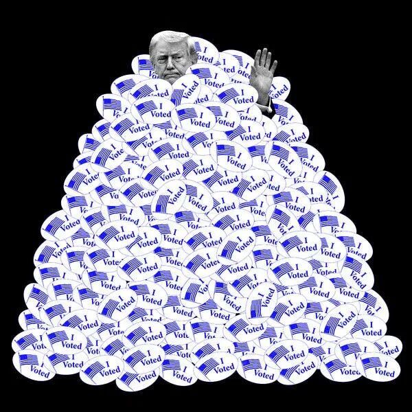 Blue stickers that read “I voted” with an American flag surround a black-and-white image of President Trump, with only his head and hand in view.