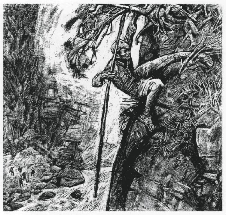 &middot;描绘苗族小战士“云贵川”攀爬腊子口绝壁的版画。沈尧伊作。