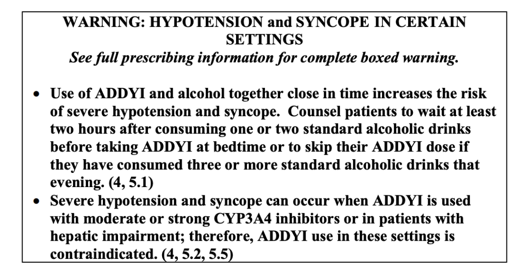 Addyi（氟班色林）的黑框警告。黑框警告（black box warning）指美国某些处方药的包装说明书上的一种警告格式，在FDA所有可能要求的警告形式中是最强烈的一种，意味着有医学研究指出服用该药物伴随着巨大风险，可能导致严重甚至危害性命的不良反应。图/美国食品药品监督管理局（FDA）官网