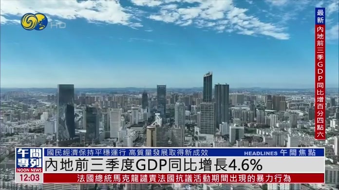 内地前三季度GDP同比增长4.6%