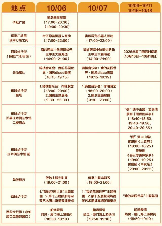 中山路国庆期间活动表（图源：思明区中华街道）