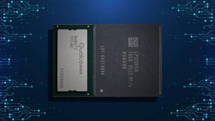 高通SM8375芯片与LPDDR5X 16GB内存模块的特写，文字写着“8553 MT/s”。