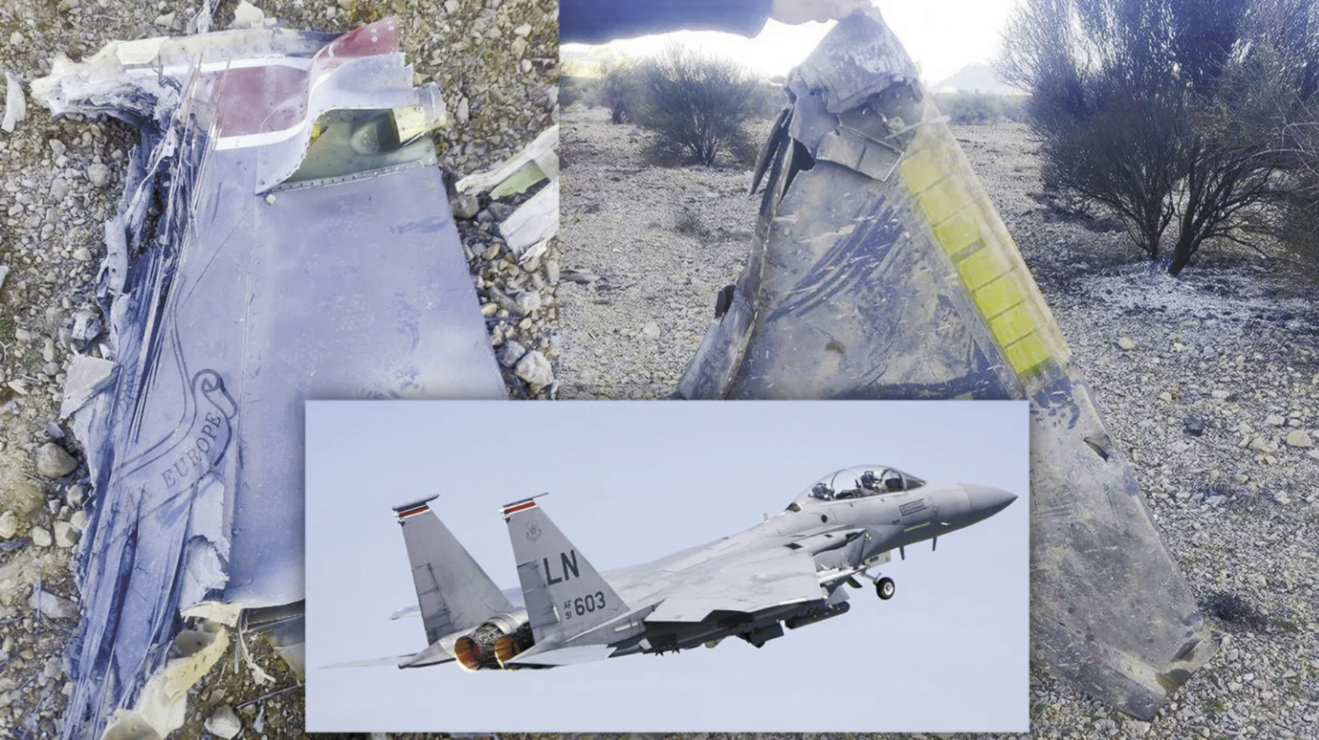 大图为伊朗媒体公布的美军机残骸照片。小图为美军F-15E战机资料画面。