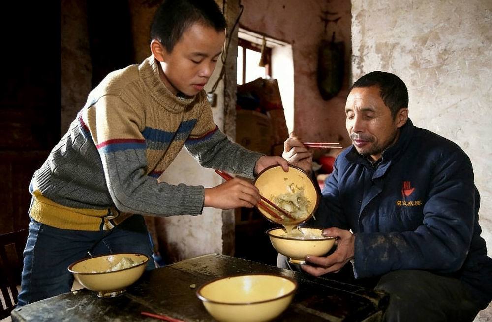时年13岁的冯莫林(左)与父亲冯连许(右)在安康市岚皋县堰门镇青春村的家中(资料照片)。