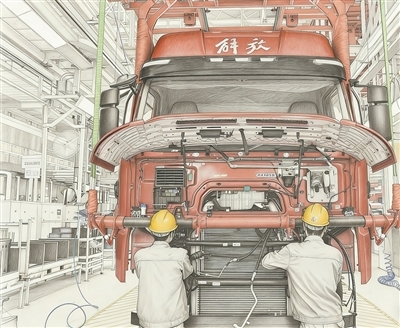 坐落于吉林省长春市的一汽解放J7整车智能工厂内，工人们开足马力抓紧生产。　AI修饰生成素描画