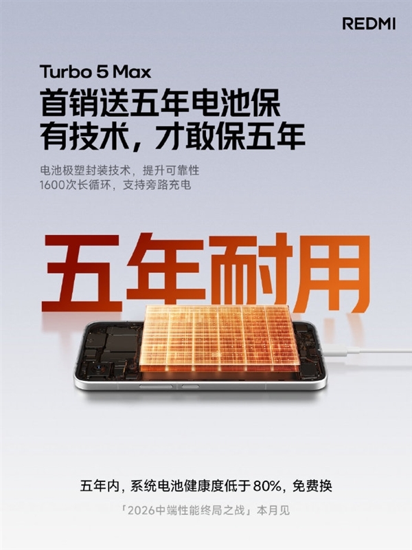 小米第一款！雷军：REDMI Turbo 5 Max首销电池保5年 健康度低于80%免费换