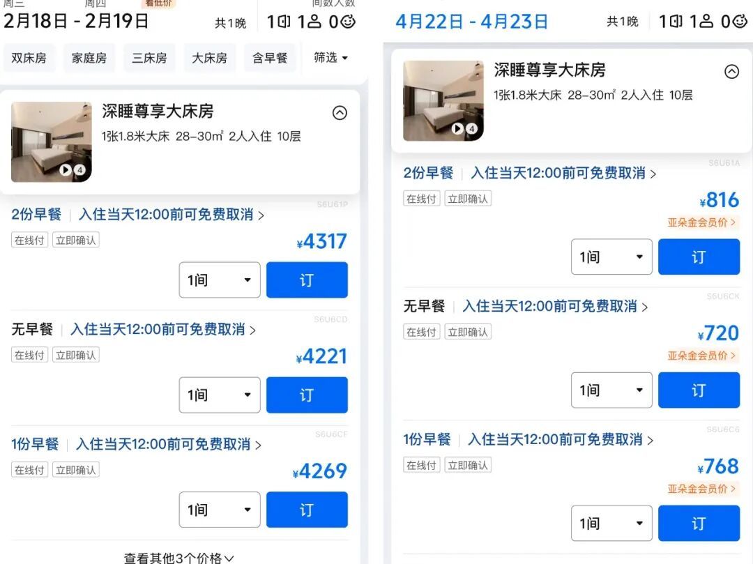 亚朵一房型超4200元,涨幅约5倍。图片源自网友截图