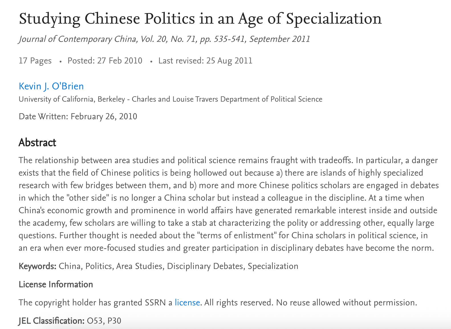 欧博文2011年在《当代中国》上发表的文章《在专业化时代下的中国政治研究》摘要: SSRN截图