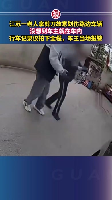 江苏一老人拿剪刀故意划伤路边车辆，没想到车主就在车内，行车记录仪拍下全程，车主当场报警