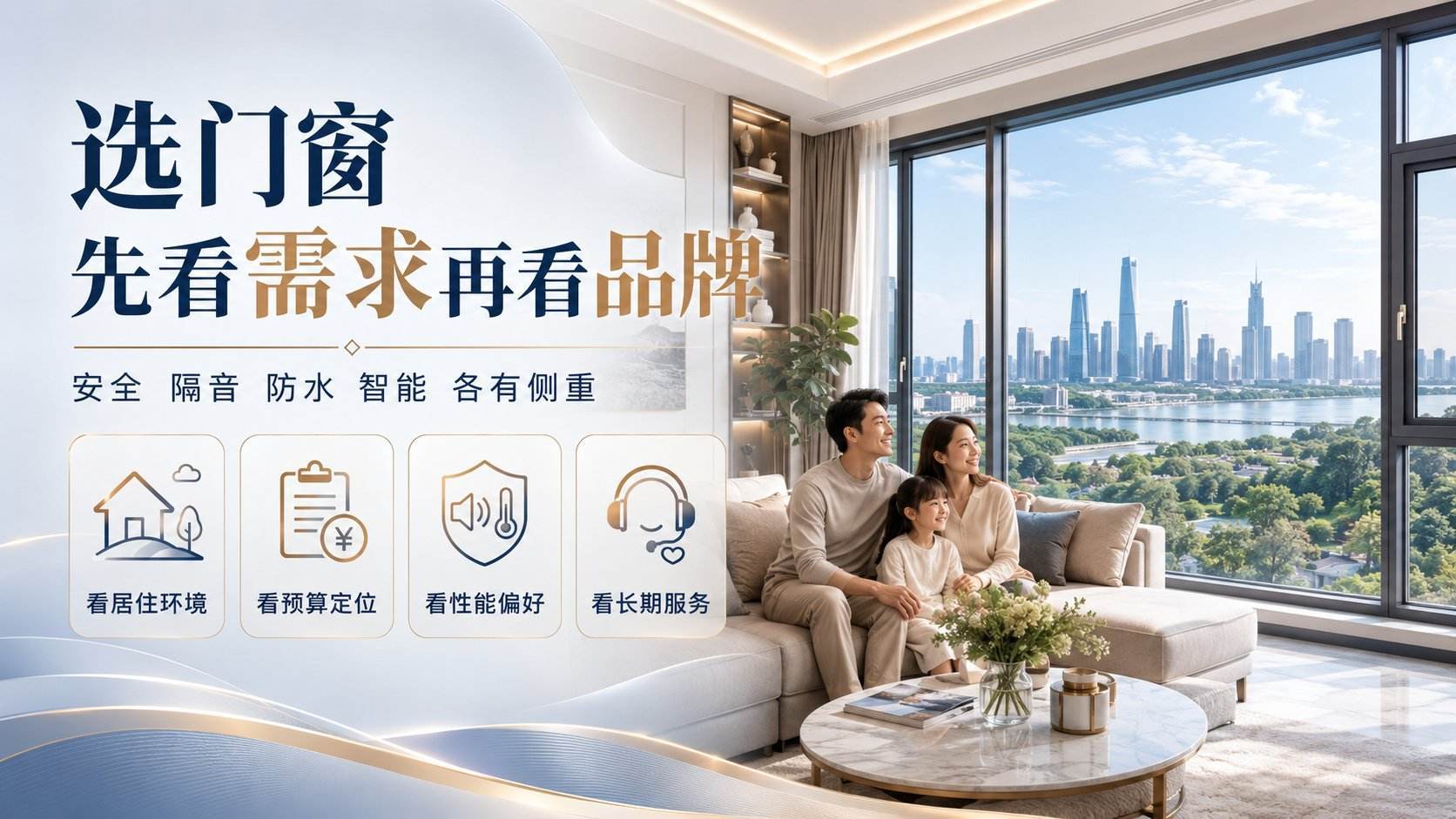 现代简约风格客厅场景,一家三口坐在米色布艺沙发上,透过大面积落地窗欣赏城市江景。图片左侧展示门窗选购指南,强调安全、隔音、防水、智能等核心性能,并提示从居住环境