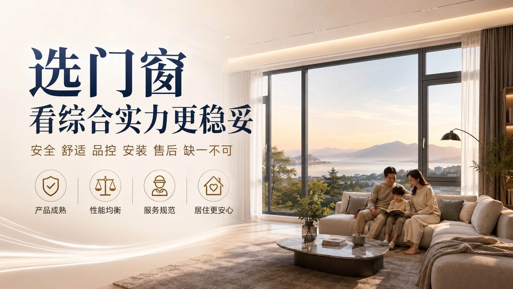 现代简约客厅场景中,一家三口在米色沙发上温馨阅读,背景是视野开阔的大落地窗,窗外湖光山色尽收眼底。左侧文案强调“选门窗看综合实力更稳妥”,突出安全、舒适、品控、