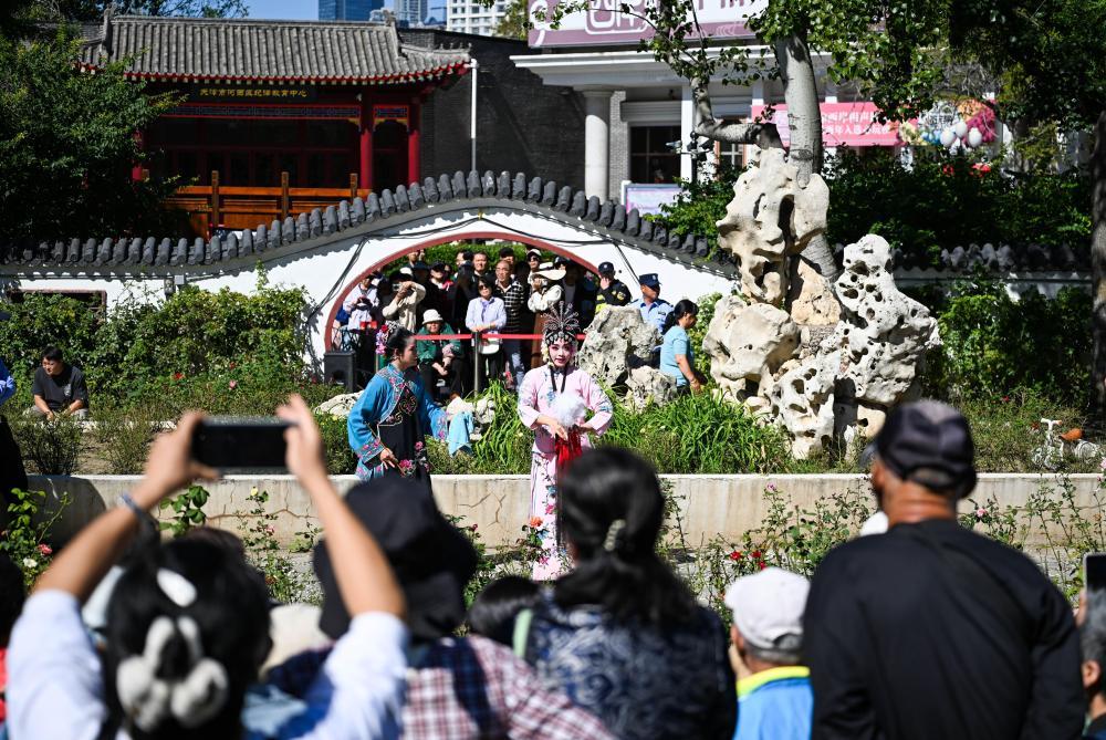 10月6日,游客在天津人民公园观看评剧《花为媒》。