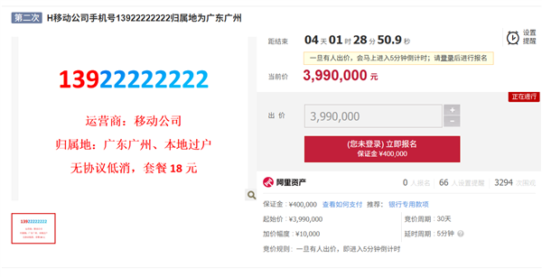 尾号8个2手机号开拍！399万起拍 月租仅18元 需缴40万保证金