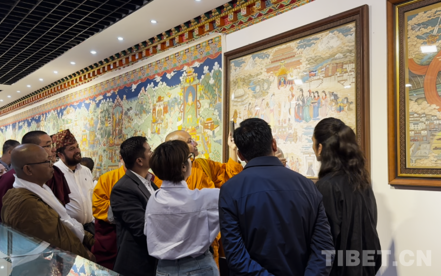 多国宗教界人士在参访中欣赏一幅讲述中尼友谊的唐卡作品 摄影：宋俊