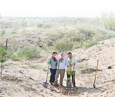 8月24日，时隔26年，“赛考斯”重回毛乌素沙地，和殷玉珍夫妇再次合种树苗。图为“赛考斯”（中）、殷玉珍（左）和白万祥一起种下一棵树苗后，自拍留念。新华社记者 孙瑞博摄