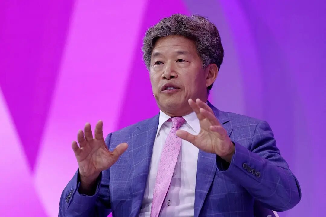 Donald Tang, Executive Chairman of Chinese fast-fashion retailer Shein, gestures as he speaks during the Viva Technology conference in Paris