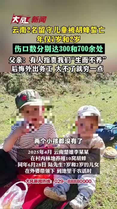 云南2名留守儿童被胡蜂蜇亡，年仅7岁和2岁，伤口数分别达300和700余处，父亲：有人指责我们“生而不养”，后悔外出务工，大不了就穷一点