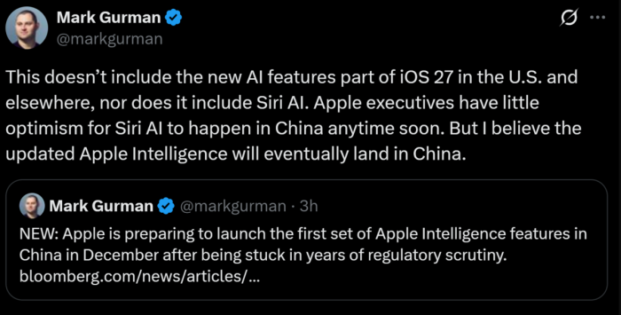 迟到两年多 苹果有望12月在国内推出首批Apple Intelligence功能
