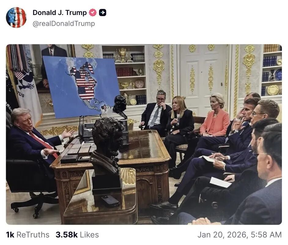 ▲1月20日，特朗普在其官方社交媒体账号上发布了一则帖子，内容似乎是将一张经过篡改的北美地图叠加在去年一次会议的照片上。来源：（特朗普Truth Social）