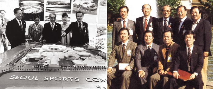 △1981年9月，德国巴登巴登，郑周永（黑白照前排左一）参与奥运会申办活动时的合影。（图源：韩国《每日经济》）