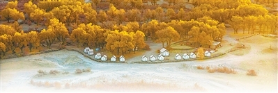 新疆于田县达里雅布依老村地处沙漠腹地，不通公路、没有通信信号和稳定供电。整村易地扶贫搬迁后，当地在老村附近发展沙漠探险等特种旅游，吸纳村民加入旅游合作社，拓宽增收渠道。图为老村附近的胡杨林带和新修的民宿。　　新华社记者 陈 朔摄