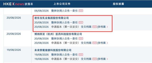 港交所披露易平台公示君乐宝招股申请相关文件