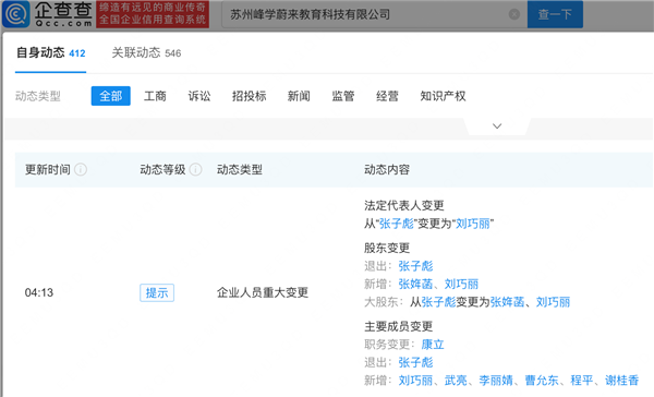 张雪峰女儿张姩菡再接手三家公司 原配李丽婧任峰学蔚来董事