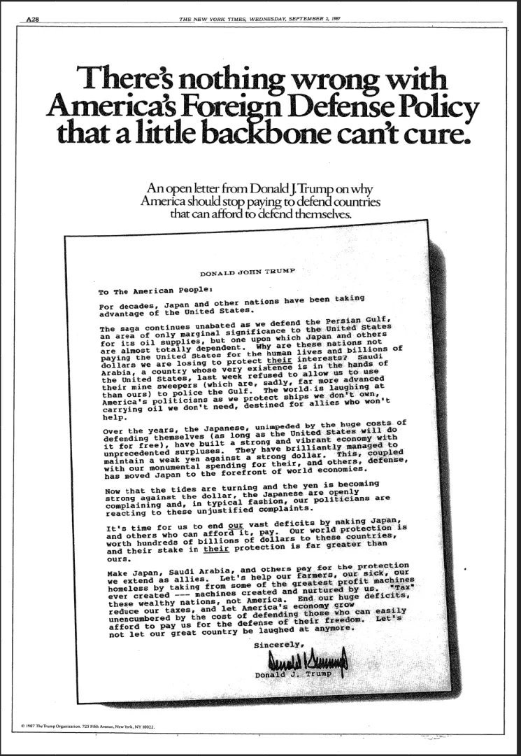 1987年特朗普刊登在《纽约时报》的整版广告